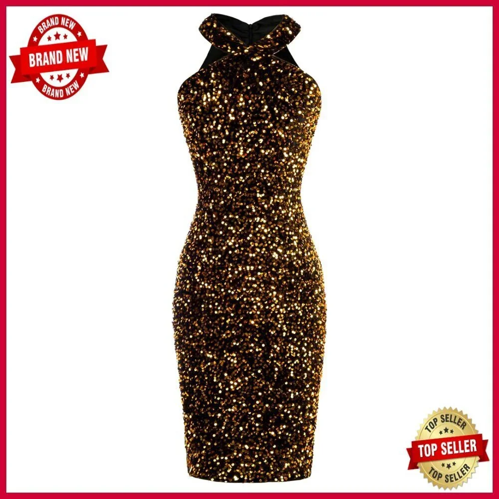 Sequin Halter Dress Sparkly Glitter Bodycon Mini Club Party Elegant Chic